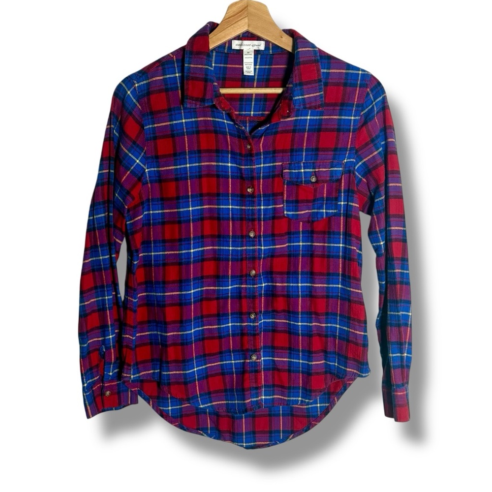 Ambiance Apparel 100% Cotton Red/Blue Lightweight Button-Down Flannel